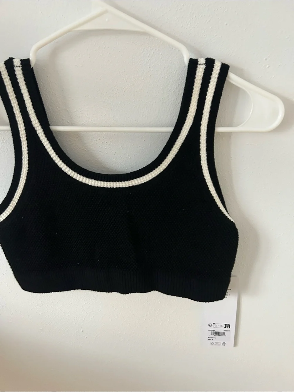 ALO Yoga Black Knit Crop Tank with White Stripe Trim